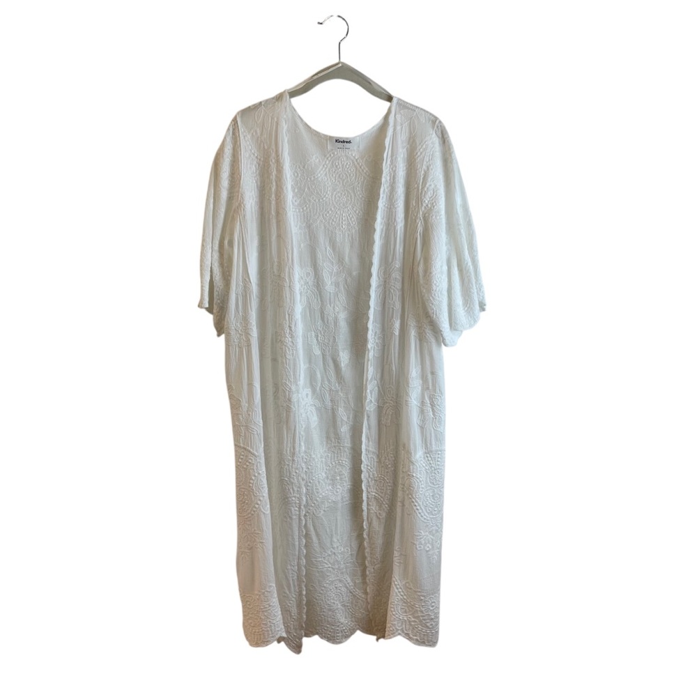 Kindred White Embroidered Floral Open Front Kimono Duster Sz L Beach Casual - Picture 5 of 13